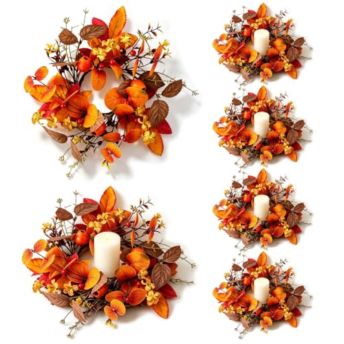 Image of 6 PCS Fall Candle Ring Wreaths Artificial Autumn Eucalyptus Candle Wreath with Leaves Berries Flowers Thanksgiving Farmhouse Harvest Wreath Candle Holder for Pillar Candles Table Centerpiece Decor