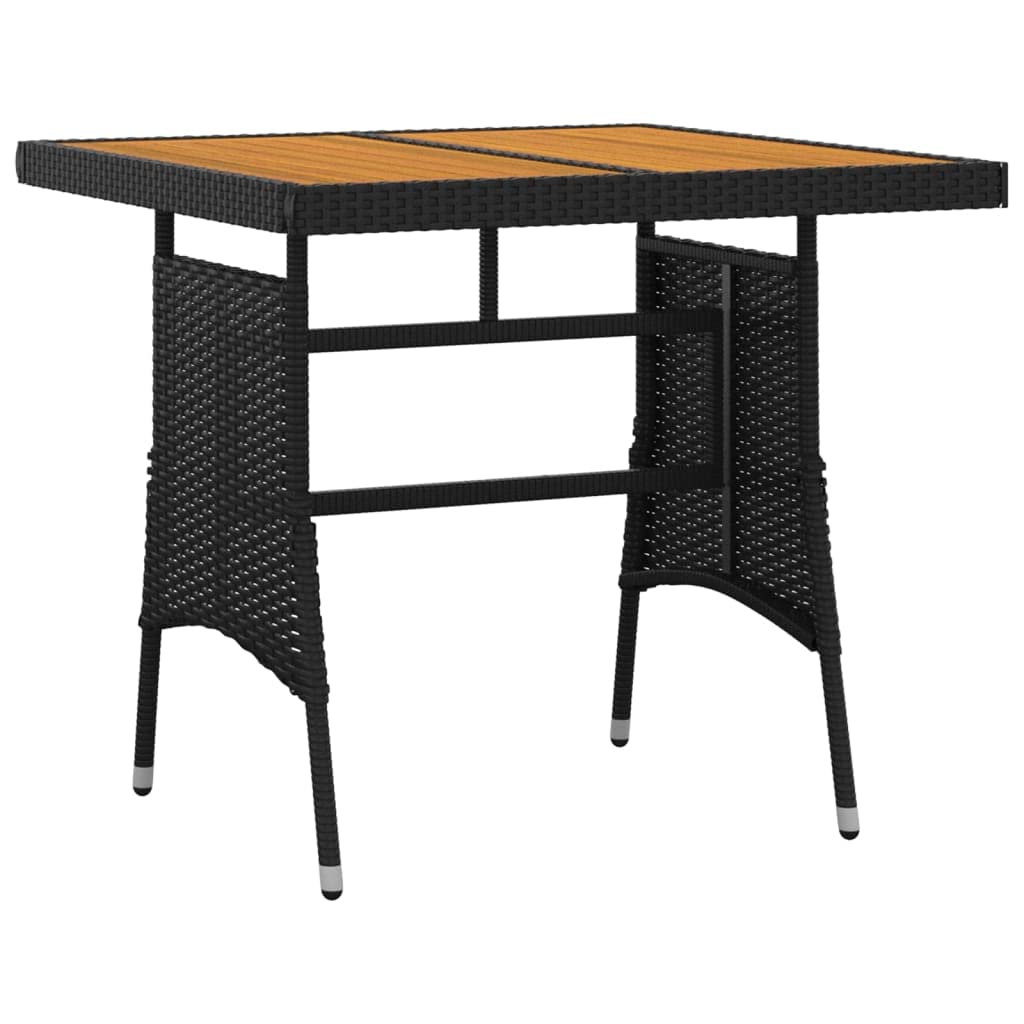 Conjunto de comedor de jardín de ratán sintético negro con marco de acero resistente, ratán de polietileno resistente al agua y tablero de madera de acacia, incluye cojines para asientos de