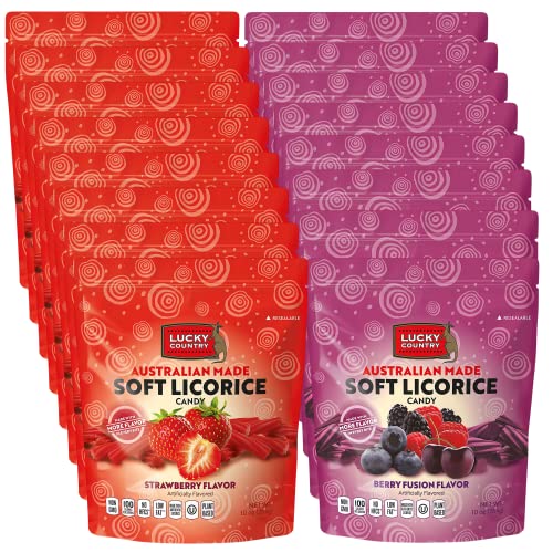 Soft Australian Strawberry Licorice (8-Pack) - Berry Fusion Soft Australian Made Licorice (8-Pack) Lucky Country 10Oz Bags - Non-Gmo, No Hfcs, Low Fat & Kosher #TOP22