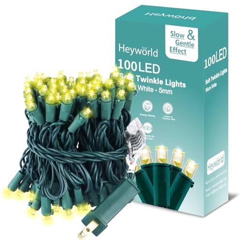Heyworld 100 LED Slow Twinkle Christmas Lights 5mm Wide Angle Soft Glow UL Certified 27ft String Lights - Connect Up to 25 Sets Waterproof for Indoor & Outdoor Holiday Decor (Warm White 100 LED)
