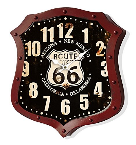 Horloge Murale Route 66 Écusson Noir et Rouge pour Mur Blanc Nu