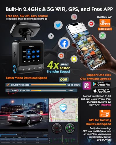 Sarmert C2 4K Dual Dash Cam Front and Rear - Built-in GPS and 5G WiFi, Free 64GB Card Included, 4K UHD Dash Camera for Cars, Night Vision, WDR, Loop Recording, App Control, 24H Parking Mode - Image 6