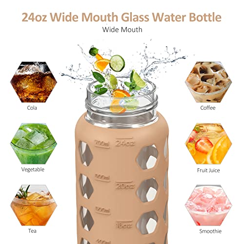 Mukoko 32Oz Glass Water Bottles With 2 Lids-Handle Spout Lid&Bamboo Straw Lid, Motivational Water Tumbler With Time Marker Reminder And Silicone Sleeve, Leakproof-Amber-1 Pack #TOP3
