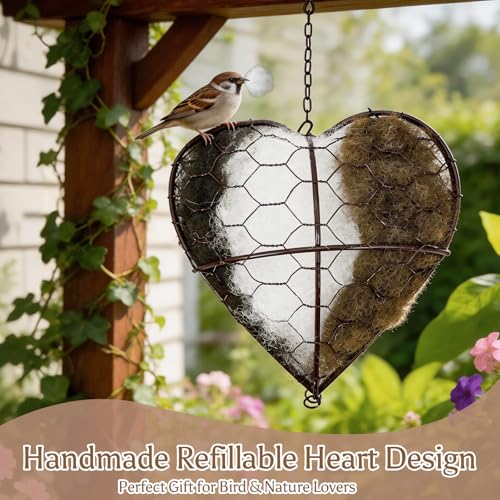 ZMJY Heart Shaped Bird Nesting Material Holder - Refillable Wild Bird Nesting Supply Station with Natural Fibers, Outdoor Garden Hanging Bird House Accessory for Hummingbirds & Wild Birds - Thumbnail 3