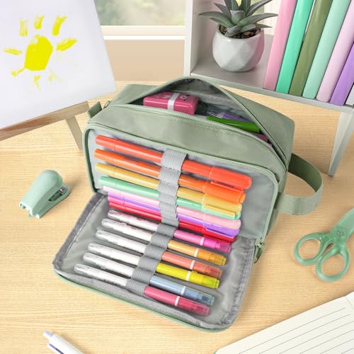 Image of Sooez Original High Capacity Pencil Case, Big Pencil Bag Pouch Box Organizer Pen Case, Aesthetic Supply for Girls Adults, Portable Journaling Supplies with Easy Grip Handle & Loop, Olive Green
