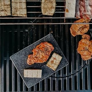 CAWI Planche à steak en pierre de lave, plateau de service, planche en bambou avec grill à pierres chaudes, plaque de cuisson à steak, plaque en pierre, barbecue de table