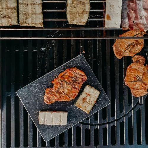 CAWI Lavastein Steakbrett, Servierplatte, Bambusbrett mit Hot Stone Grill, Steak Grillplatte, Steinplatte, Tischgrill Grill Set