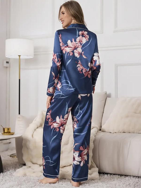 Image of Night Suit for Women with Full Sleeve Button-Down Top with Pant Dress for Woman, Night Dress for Woman, Cotton Two-Piece Loungewear Set