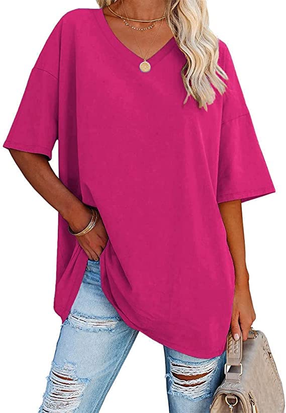 Ebifin Damen Oversize T Shirt mit V-Ausschnitt Kurzärmeliges Casual Lockere Basic Sommer Tee Shirts Bluse.Rosenrot.XL