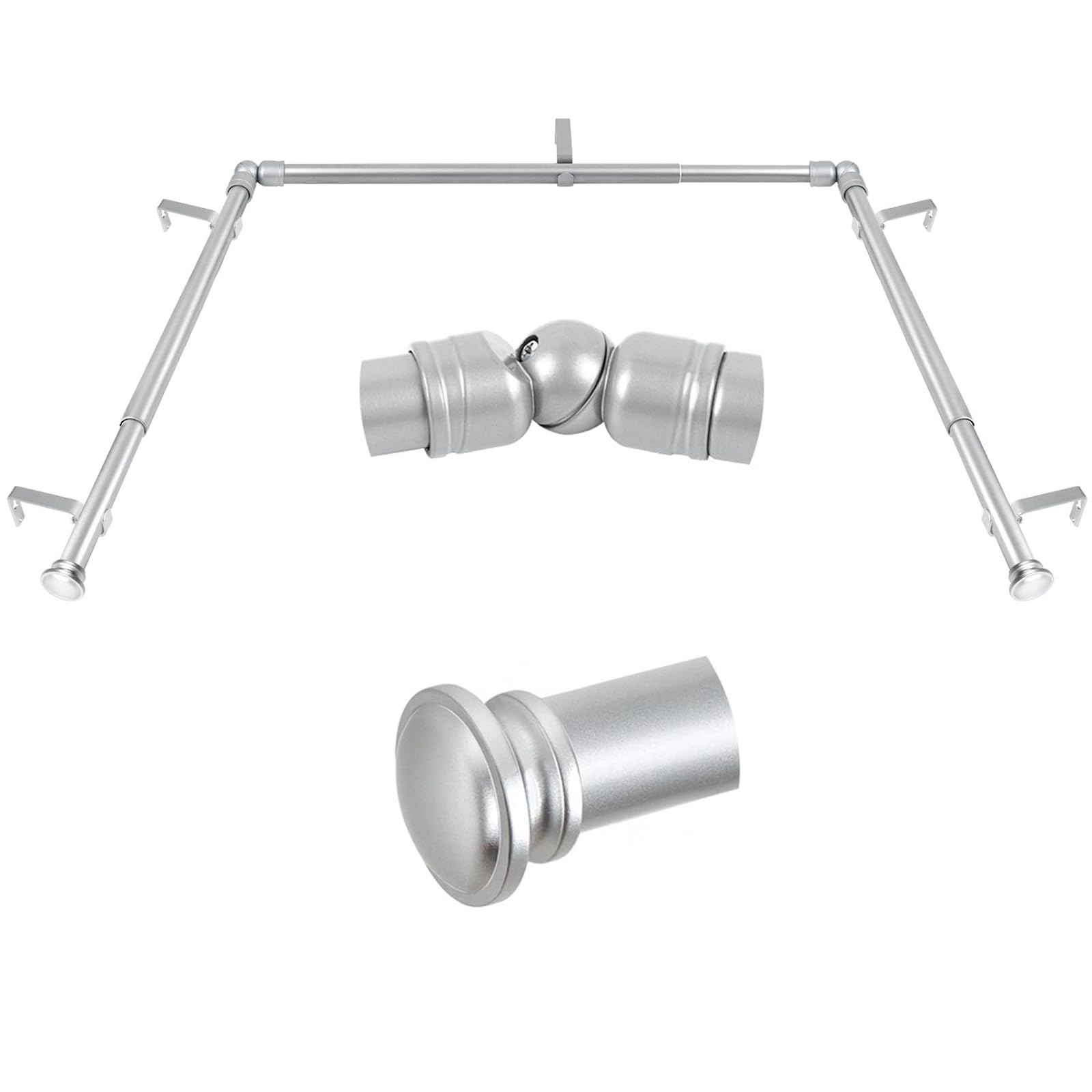 TONIAL Bay Window Curtain Rods, 36 to 72 Inch Center Rod, 20 to 36 Inch Side Rods, 3/4 Inch Decorative Drapery Rods with Small Cap End, Silver