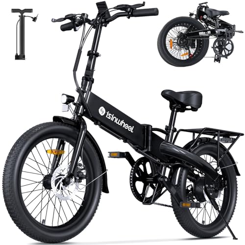 isinwheel U5 Electric Bike for Adults, 500W Peak Folding Fat Tires Ebike with 80KM Pas Range, 32KM/H Speed, 48V 7.8Ah Removable Battery, 20" Electric Bicycle with Shelf Black U5 Standard