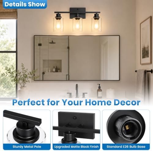 Ascher 3 Light Bathroom Light Fixture, Matte Black Bathroom Lighting Fixtures Over Mirror, Vanity Light with Clear Glass Shade, Wall Sconce for Living Room Bedroom Cabinet, E26 Base - 5