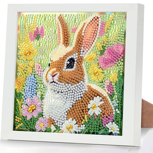 Rabbit Diamond Art Kits for Kids with Frame 5D Animal Diamond Painting Kits for Kids Ages 4-8-12 Diamonds Gem Art Gift for Girls Boys with Beautiful Package Crafts for Home Wall Decor 7x7inch