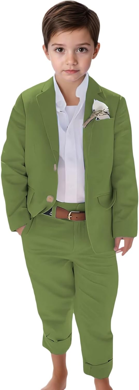 Boys Linen Suit Slim Fit 2 Piece Summer Beach Wedding Outfit Kids Linen Suit Jacket Pant Set for Size 2-16 Years