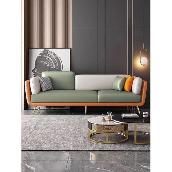 Modern & Stylish 3 Seater Sofa, Modern Living Room & Dining Room Couch Fabric Velvet Upholstery, Metal Legs & Comfortable Sofa. (Green & Tan)-image-29