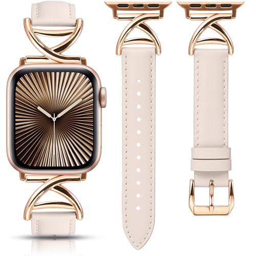 Image of TOYOUTHS Leather Straps Compatible with Apple Watch Strap 38/40/41/42mm Women, Slim Dressy Soft Leather Bracelet with A-Shape Metal Buckle for iWatch 11 10 9 8 7 6 5 4 SE 3 2 1, Starlight/Rose Gold