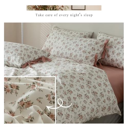 Image of MKXI Cute Bow Tie & Blush Pink Rose Flowers Stripes Duvet Cover Full Size Cotton Bedding Set with Zipper Ties - Vintage Country Floral Comforter Cover with 2 Pillowcases for Girls