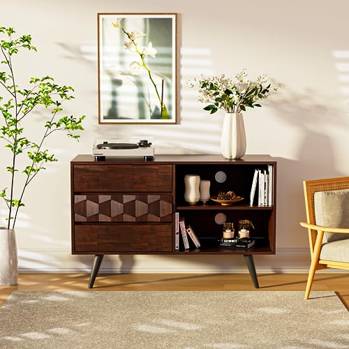 Image of Bme Georgina 45 Inch Solid Wood TV Stand, Under 10 Minutes Assembly Entertainment Center with Storage, Geometric Pattern TV Console for Living Room, Bedroom, Dinning Room - Walnut