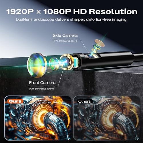 Image of Borescope Dual Lens Endoscope Camera with Light, 4.3 inch IPS 1920P HD Inspection Camera, 7.9mm IP67 Waterproof with 8+1 Adjustable LEDs, 16.5FT Semi-Rigid Snake Cable for Mechanic, Cool Gadgets for Men