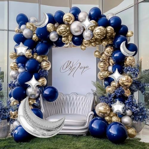 Image of Navy Blue Balloon Garland Arch Kit Double Stuffed Royal Blue Star Moon Balloons for Birthday Baby Shower Over the Moon Prince Graduation Wedding Space Astronaut Galaxy Party Decorations