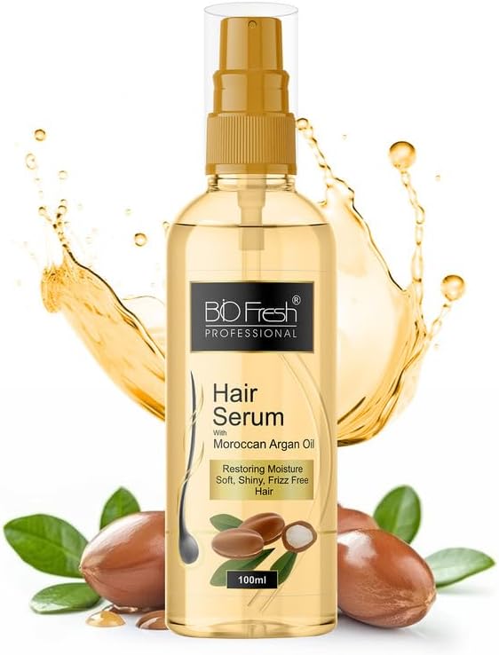 BIOFRESH Hair Serum Moroccan Argan Oil - 100ml Vitamin-E Nourishing Damaged Hair Serum with Heat Protection Serum Hydrating Anti-Frizz Serum Shining Hair Serum for All Hair Types (Pack of 1)