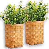 DoubleFill 2 Pack Wall Hanging Wicker Basket with 4 Artificial Eucalyptus Wall Hanging Flower Basket Farmhouse Decor Hand Woven Basket Rustic Wall Decor for Porch Living Room Bedroom (Eucalyptus)