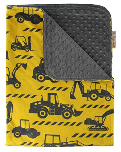 Image of Baby Blanket - Grey Tractors on Yellow with Grey Minky Dot