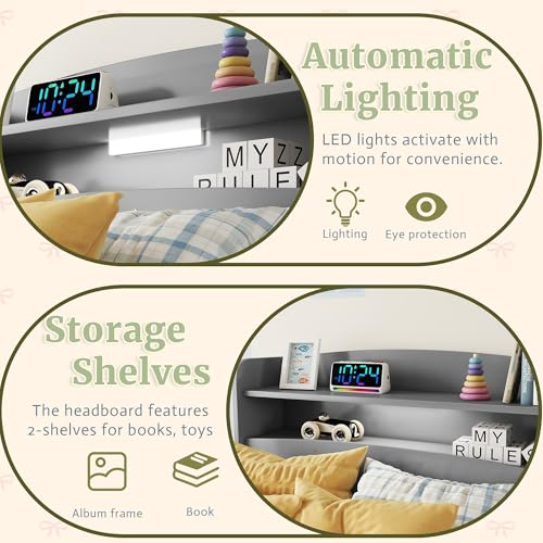 Mirightone Twin Bed Frames for Kids Twin Bed with Rails and Storage Headboard Low Platform Bed with LED Lights Wood Bed Frame for Boys Girls Teens, No Box Spring Needed, Grey