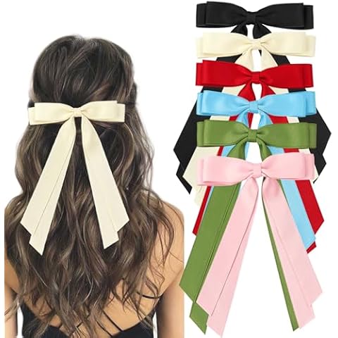 6PCS Ribbon Bows knot Hair Clips for Women Girls, Silky Satin Tassel Barrettes With Long Tail, Cute Ponytail Holder Hair Styling Accessories (6 colors,Blue) Cover