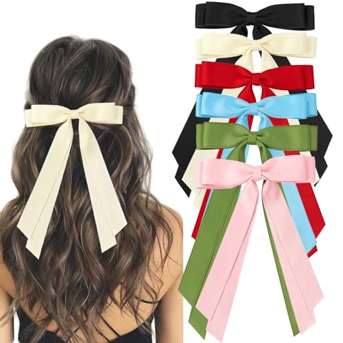 6 pinzas para el pelo con lazo de cinta para mujeres y niñas, pasadores de borla de satén sedoso con cola larga, clips de cocodrilo de metal sólido, bonitos soportes para cola de caballo, accesorios