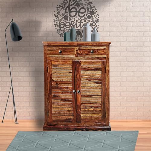 Image of Solid Sheesham Wood Shoe Rack Wooden with 2 Doors & 2 Drawer | Multipurpose Shoe Rack Stand Storage Cabinet Organizer for Home, Office, Entryway, Hallway & Living Room, Bedroom | Natural Finish