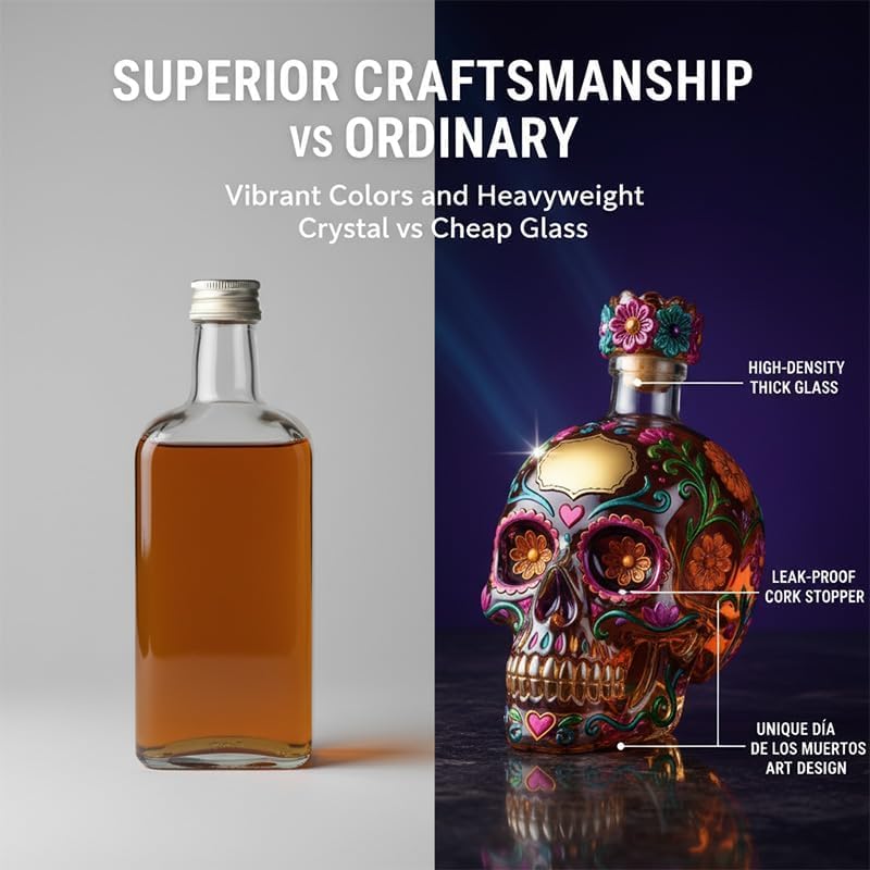 Bottiglia decanter a forma di teschio gotico 2026, decorativa in edizione limitata, dipinta in vetro dipinto, per liquori, decanter vuoto per whisky, creativo con design floreale per feste di