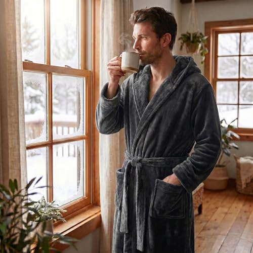 Image of U2SKIIN Mens Hooded Robe, Plush Robes for Men Long Fleece Bathrobe