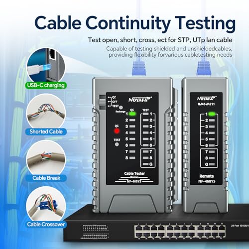 Image of NOYAFA NF-468YS Network Cable Tester, Ethernet Cable Tester for RJ11, RJ12, RJ45, CAT5,CAT6, CAT7, Continuity Tester,PoE Testing, UTP /STP Cable Checker, 60VAnti-Burn LAN Network Tool