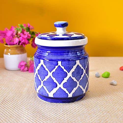 Image of Ceramic Jars (1000 ML) - Handcrafted Multipurpose Barni with Lid for Pickle, Chutney, Spices, Salt, Sugar - Kitchen Storage Containers, Blue