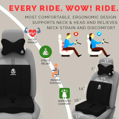 Image of MRRON Memory Foam Car Seat Cushion Combo - Backrest, Coccyx Cushion & Neckrest - Orthopedic Support for Back, Sciatica & Neck Pain - Ergonomic Comfort for Car, Office. (Black, Lumbar)
