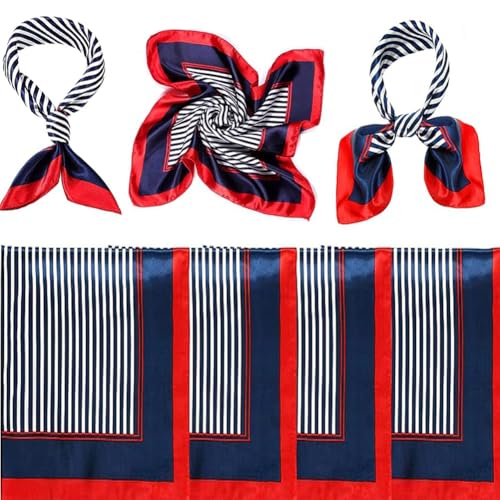 4-Piece Women's Sailor Scarf Set - Red, White & Blue Striped - 23.6 Inch Square - Polyester - Hand Wash Only