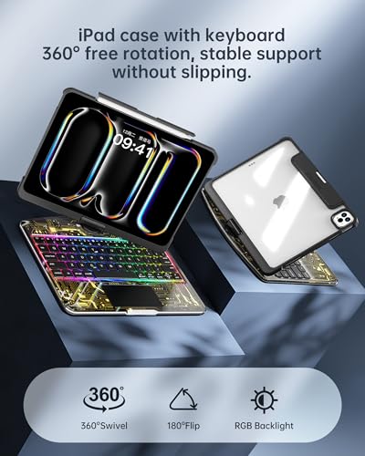 Image of Clear Keyboard Case for iPad 10.2 inch 9th /8th /7th (2021 /2020 /2019) 360 Swivel Multi-Touch Trackpad,with Wireless Bluetooth 3-Brightness &7-Color Backlit, Pencil Holder Black