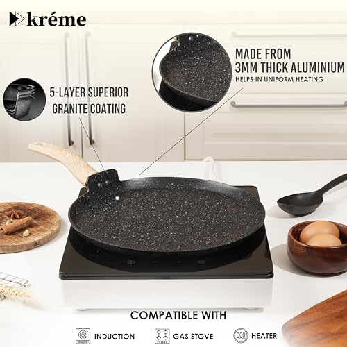 Image of Kreme Venetia Premium Series Granite Non-Stick 11 Pc Cookware Set | Kadai, Frypan, Dosa Tawa and Sauce Pot with Lid | Granite Coating | Induction & Gas Stove Use | Healthy Low-Oil Cooking, Grey