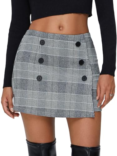 EXLURA Womens Button Bodycon Mini Skirt Sexy Night Club High Waist Elastic Y2K Trendy Short Plaid Skirts - Main Image