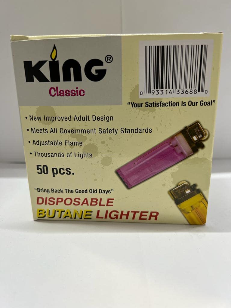 Wholesale Disposable Lighters - Pack of 50 ,Thousands Lights with Stand Meets All Government Safety Standard, New Improved Adult Design,adjustable Flame,by King Classic.