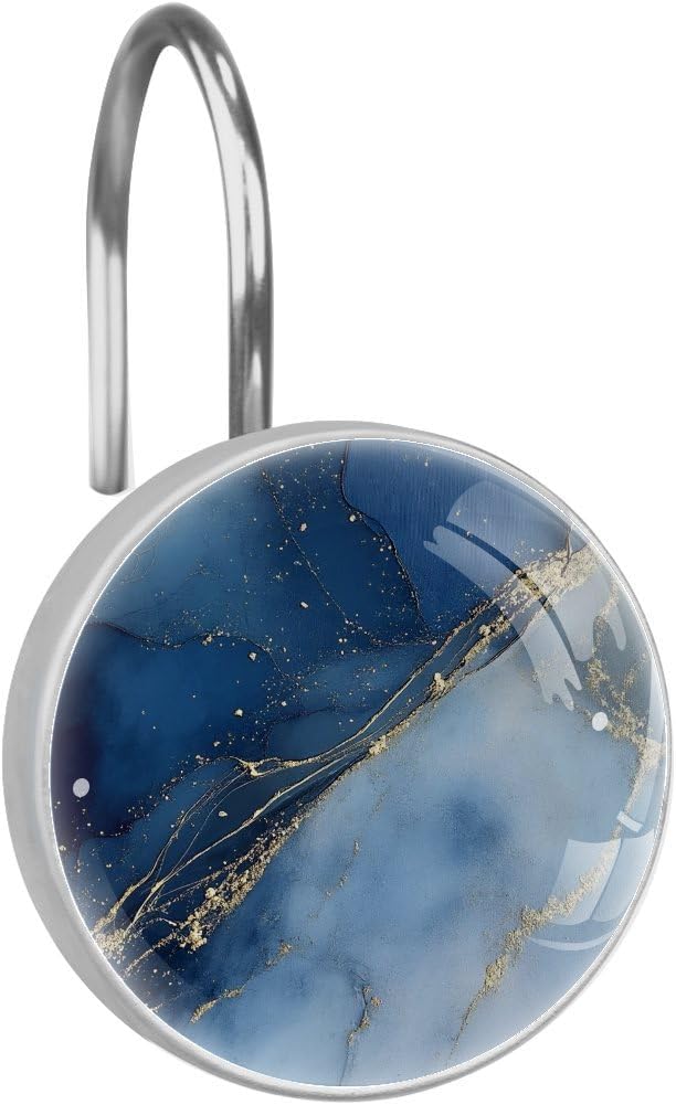 12 Pcs Shower Curtain Hooks, Dark Blue Gold Marble Rustproof Decorative Metal Round Shower Curtain Hangers Rings for Bathroom Bedroom Living Room Rods