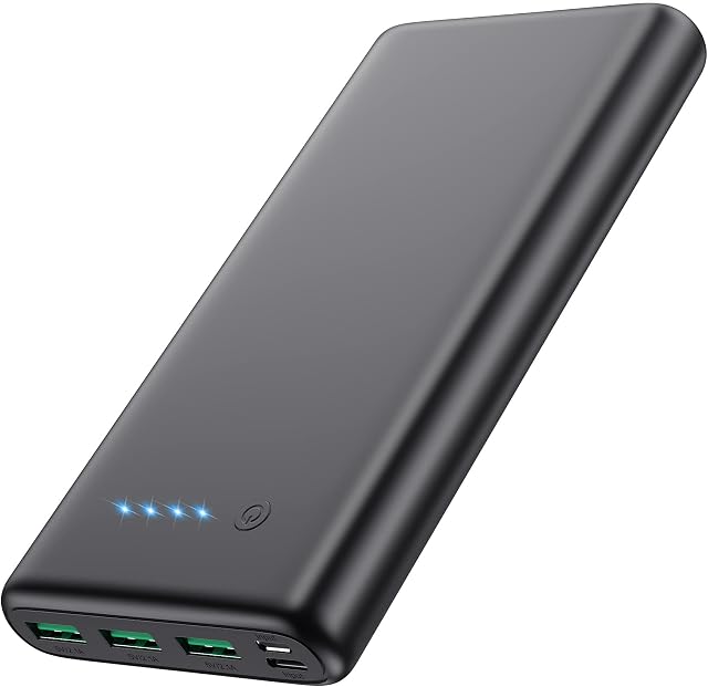 QTshine Power Bank,26800 mAh High CapacityPortable Charger Fast Charge with 3 Outputs & Type-C Input External Battery Pack with 4 LED Lights Ultra Compact for Smart Phone, Tablet - Classic Black
