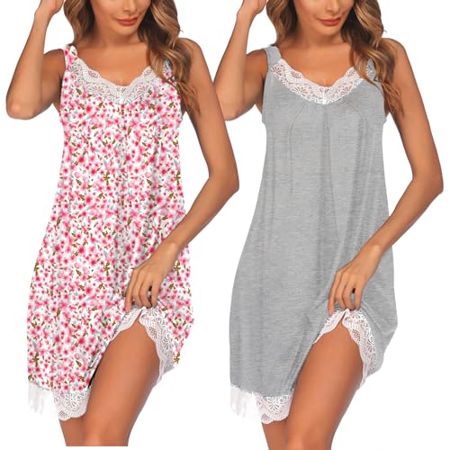 Image of Ekouaer Womens Nightgown 2 Pack Nightgown V Neck Lace Sleepwear Sleeveless Chemise Women's nightgowns & sleepshirts S-XXL