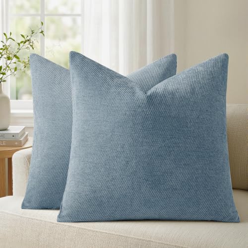 Image of a moment Pack of 2 Decorative Chenille Throw Pillow Covers with Twill Cushion Covers for Sofa Living Room Couch Bed 24x24 Inch Coastal Blue