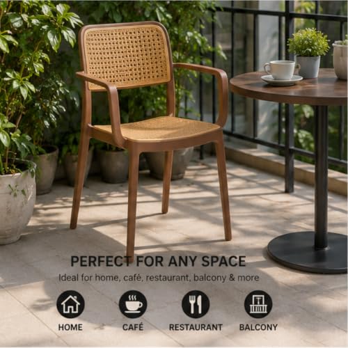 Image of NARSA Modern Rattan Style Dining Chair for Home & Cafe | Cane Pattern Plastic Chair with Ergonomic Backrest | Lightweight & Durable Indoor Outdoor Seating Chair (Brown, with Arm, Set of 4)