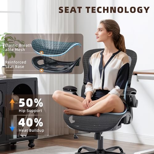 Office Chair, Ergonomic Desk Chair with Adjustable High Back 2D Lumbar Support Flip-up Armrests, Executive Breathable Mesh Comfy Swivel Rolling Computer Task Chair for Home Office Study Work Gaming - Image 6