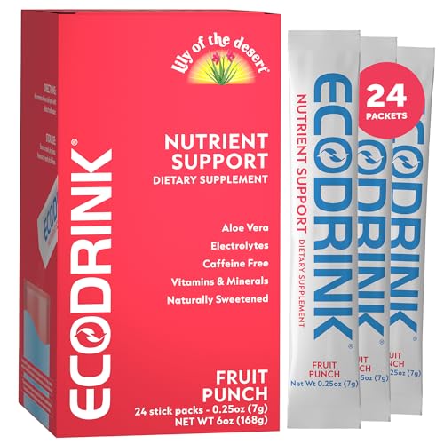 Eco Drink Nutrient Support Packets Fruit Punch Naturally Sweetened Multivitamin Electrolyte Mix with Aloe 24 Stick Packs/Box 0.25 Oz Ea by Lily of The Desert