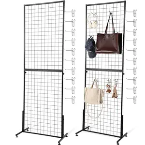 Therwen 2 Pack Grid Wall Panel Wire Grid Display Stand with 40 Hooks Wire Grid Wall Display Racks with T Base Floor Standing Sturdy Frame Art Show Rack Display Panels Grid Wall Panel Tower (Black)