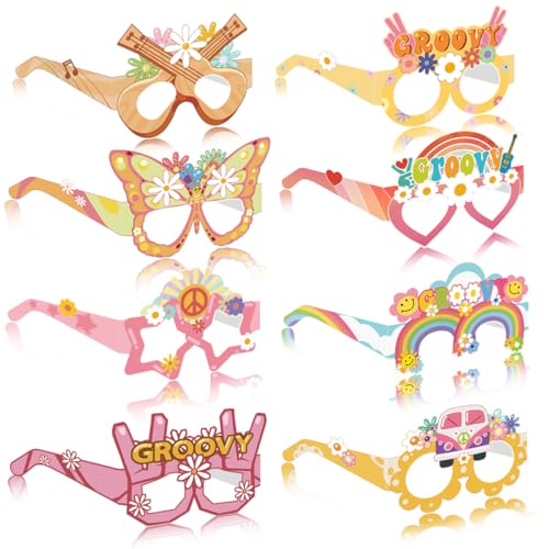 Buziba 8 piezas de decoración de fiesta Groovy anteojos para fotomatón, hippie, retro, boho, lentes de papel, groovy, hippie, suministros para fiesta de cumpleaños